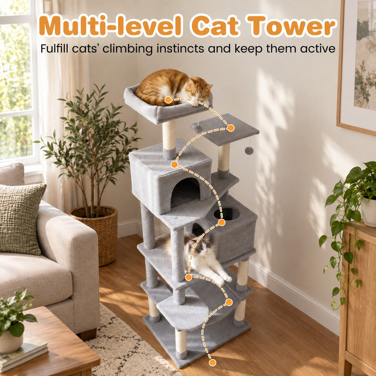 Airfind Multi-level Cat Tree Modern Cat Tower with Upholstered Perch and 2 Cat Condo, 24 x 18.5 Footprint, Gray