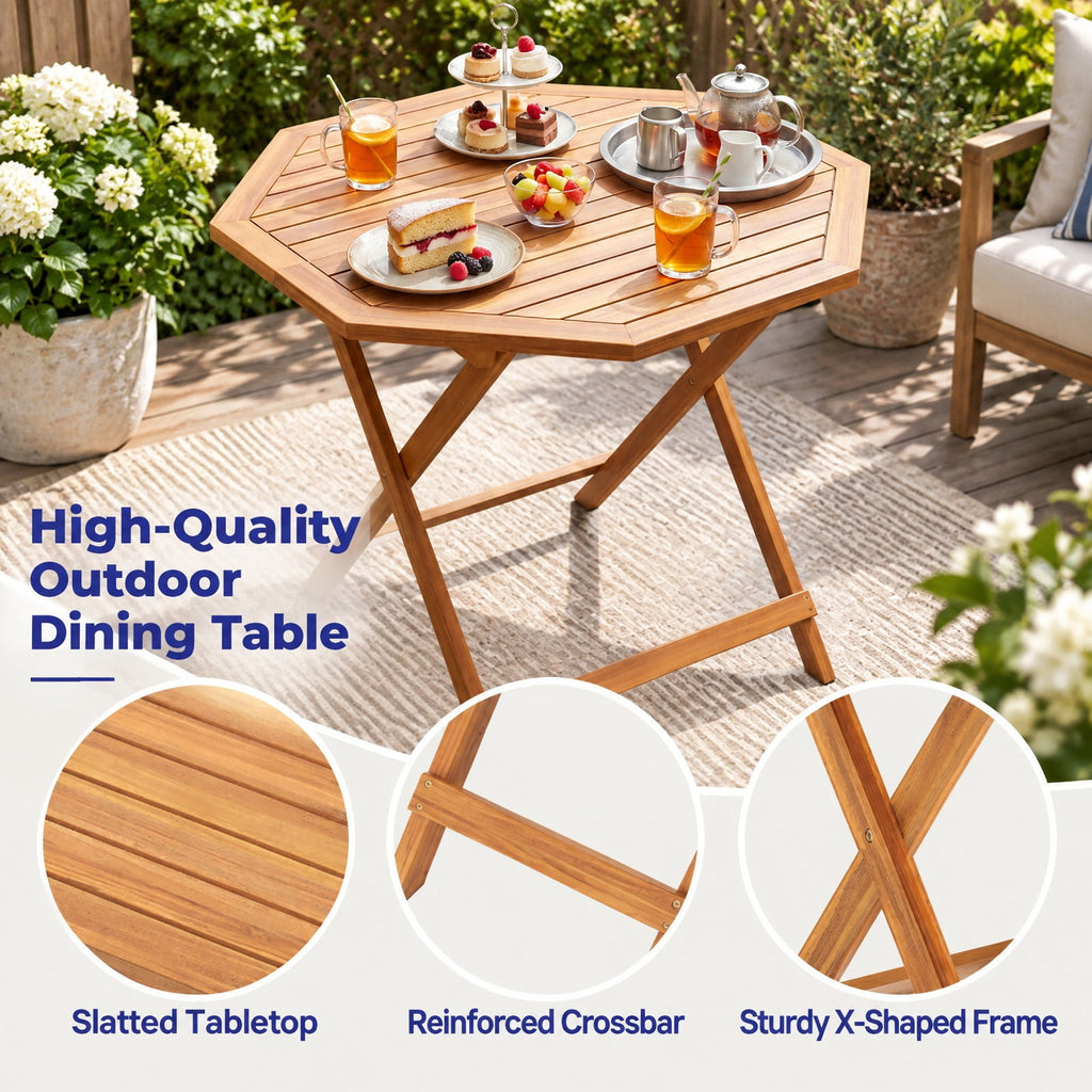 Airfind Acacia Wood Outdoor Folding Dining Table for 4 Octagonal with Slatted Tabletop, 37.5 Inch x 37.5 Inch x 29.5 Inch Folding Footprint, Wood