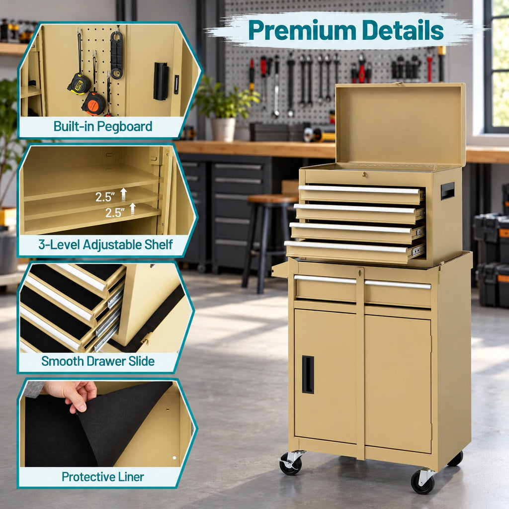 Airfind 2-in-1 Rolling Tool Chest with 5 Sliding Lockable Drawers, 220.5 lbs Capacity, Steel rubber-plastic synthetic Frame, Yellow