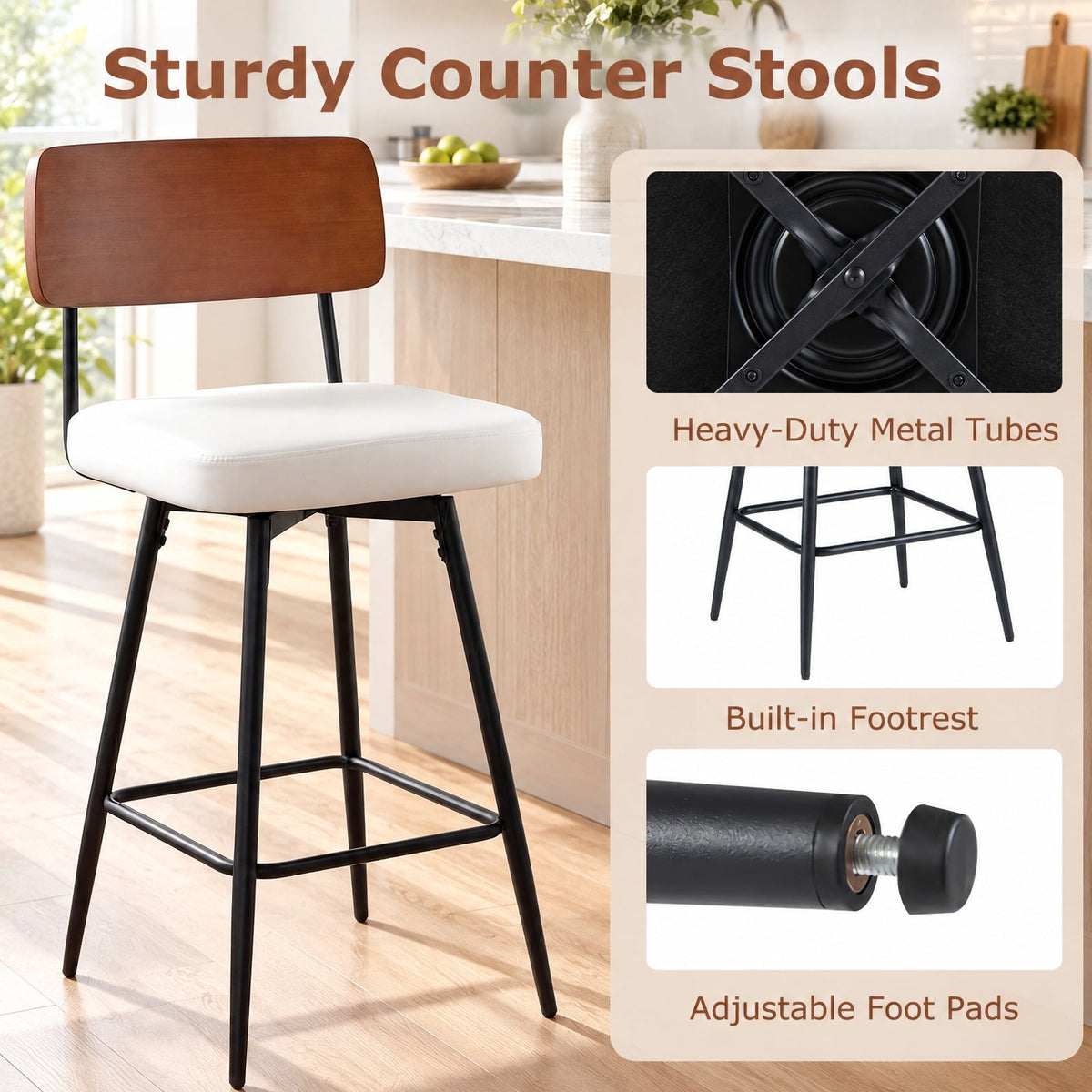 Airfind 27 Inch Padded Counter, Barstools Set of 2 with Metal Legs, 330 lbs Capacity, Metal Plywood PU Leather Sponge Frame, White