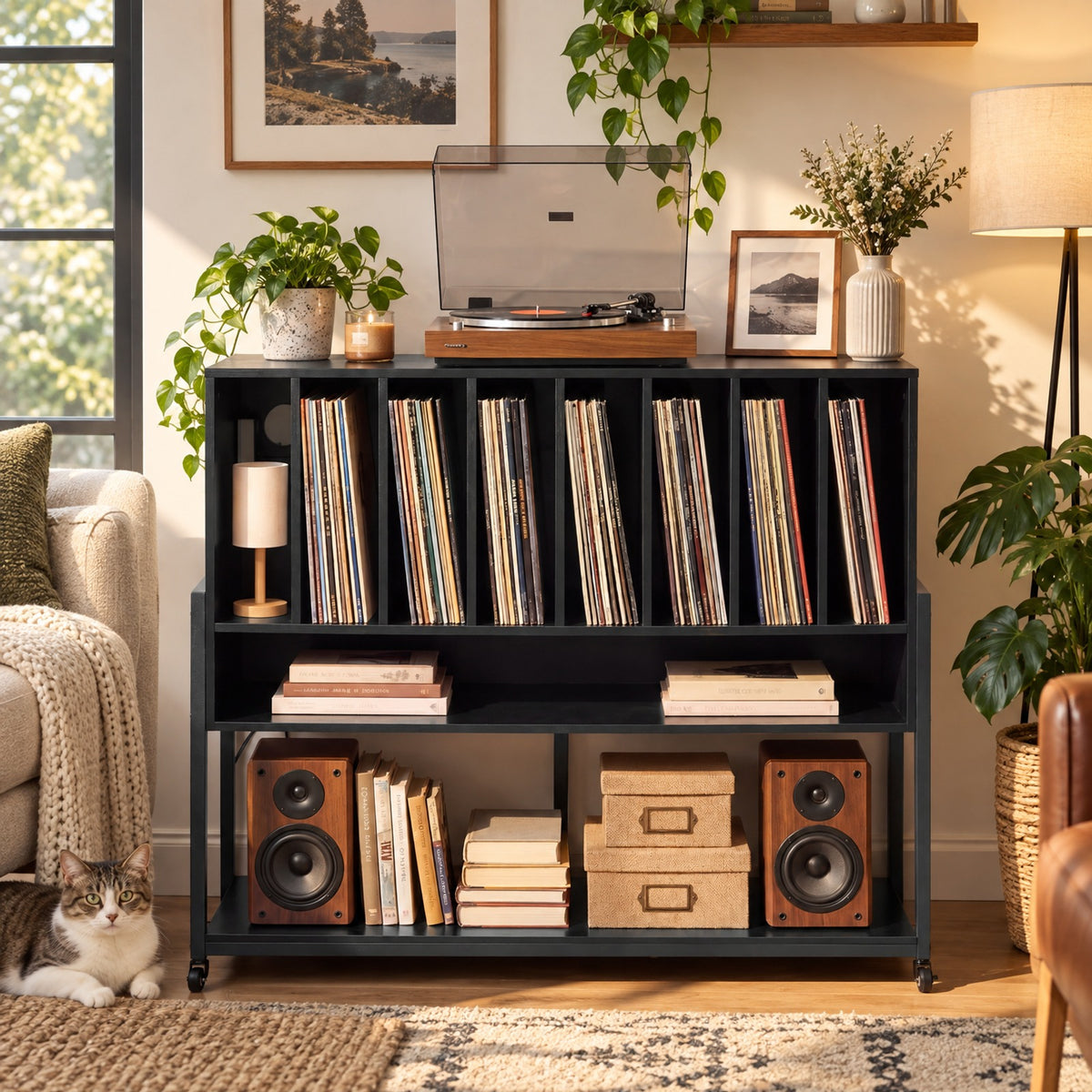 Airfind Turntable Stand with Charging Station and Vinyl Storage Shelves, 44 lbs Capacity, Engineered Wood MDF Metal Frame, Black