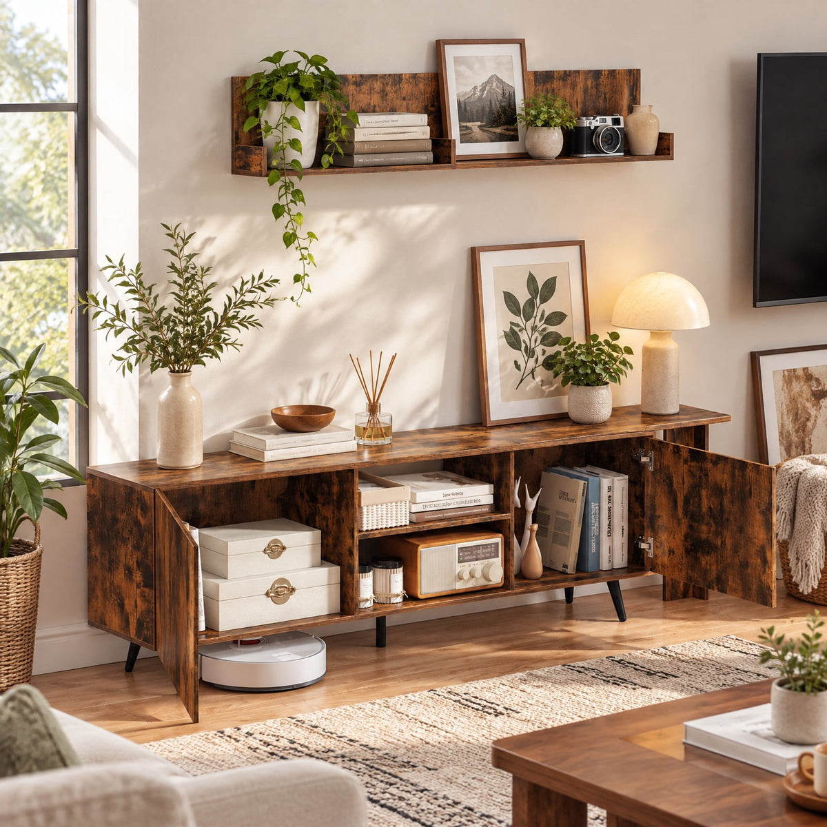 Airfind TV Stand for TVs up to 85 Inch with 2 Wall Shelves and Charging Station, 420 lbs Capacity, Engineered Wood Frame, Brown