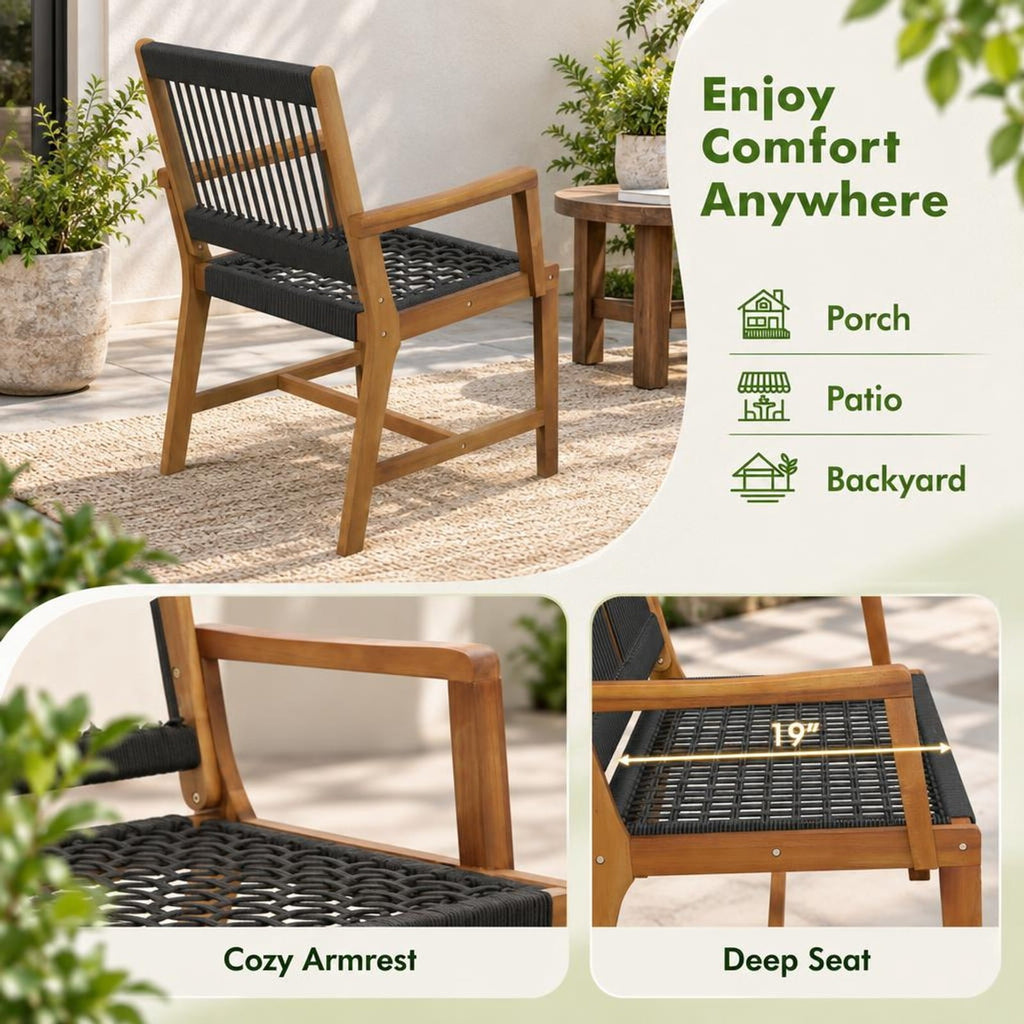 Airfind Set of 2 Patio Acacia Wood Dining Chairs with Armrests for Lawn Yard, Acacia Wood Plastic Rope Frame, Wood