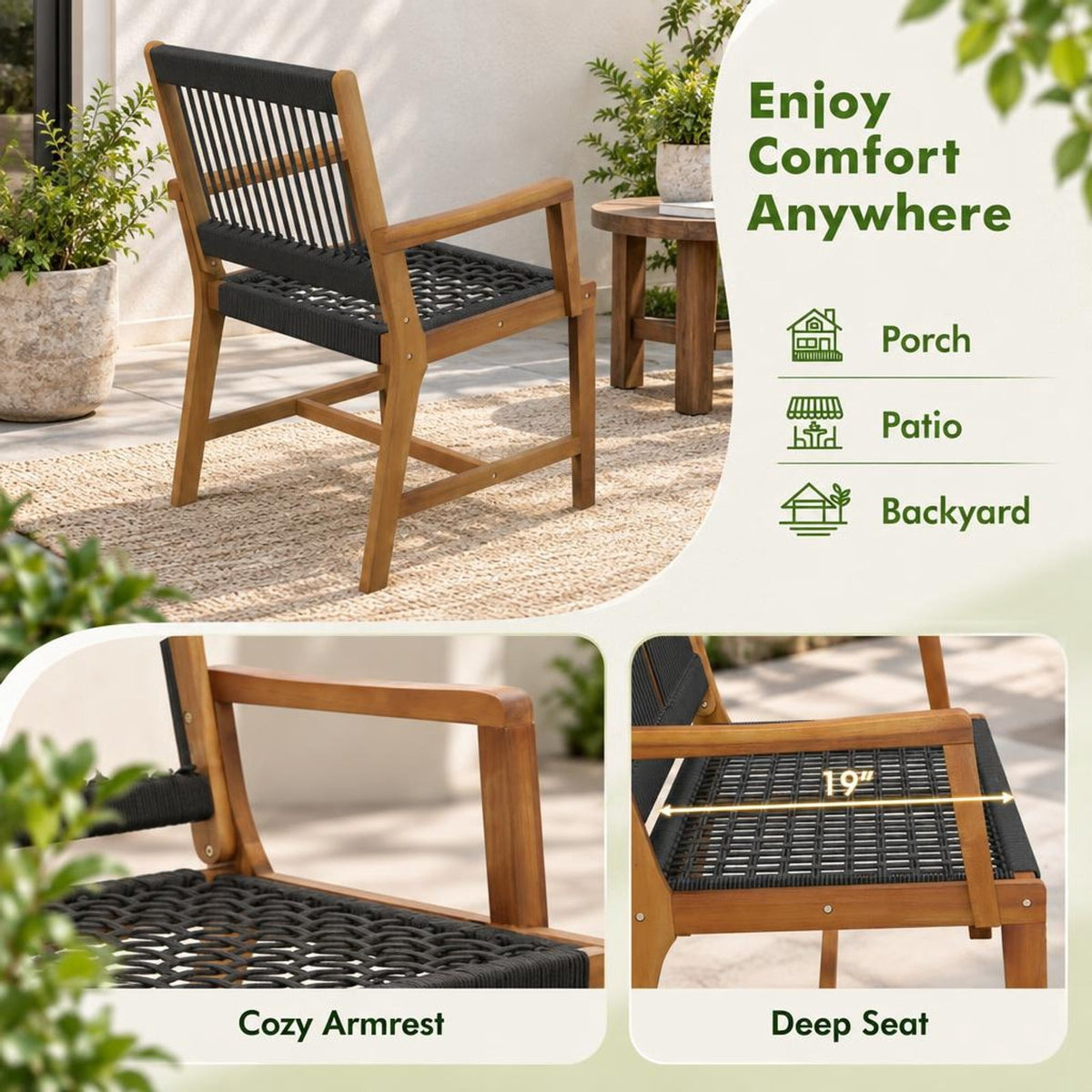 Airfind Set of 2 Patio Acacia Wood Dining Chairs with Armrests for Lawn Yard, Acacia Wood Plastic Rope Frame, Wood
