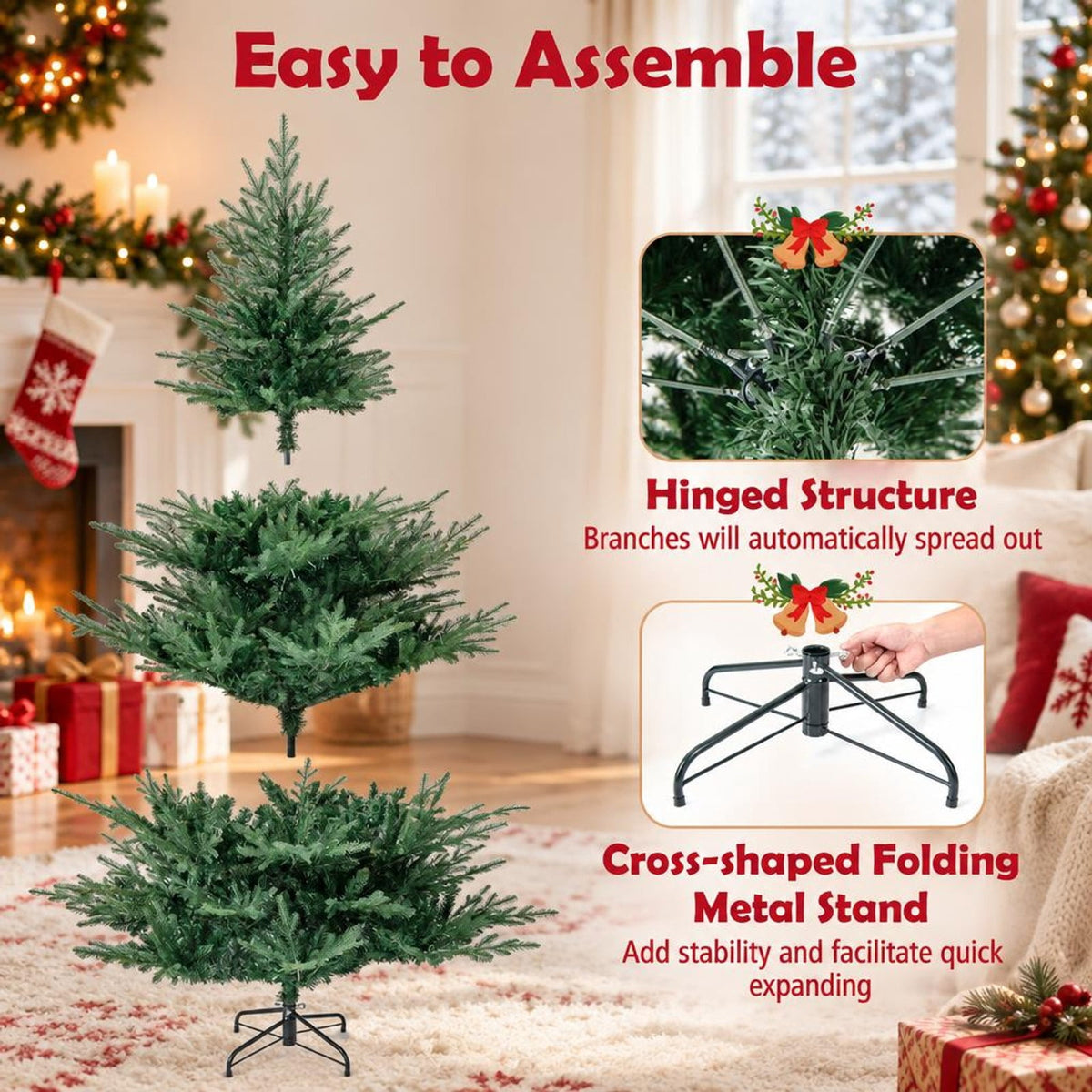 Airfind Artificial Christmas Tree with Branch Tips and Warm White LED Lights-7 Feet, White, Folding metal stand with protective foot pads