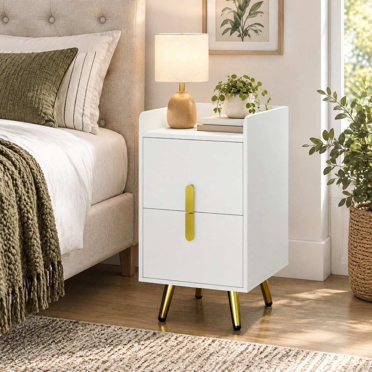 Airfind Nightstand Side Tables with 2 Drawers and Charging Station with 3 AC Outlets and 2 USB Ports, Engineered Wood MDF Metal Frame, 16 Inch x 12.5 Inch 23.5 Inch Drawer Internal Footprint, White
