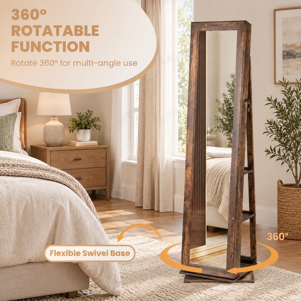 Airfind 360° Swivel Jewelry Armoire Standing Jewelry Organizer with Full Length Mirror and Back Shelves, MDF Glass Frame, Brown