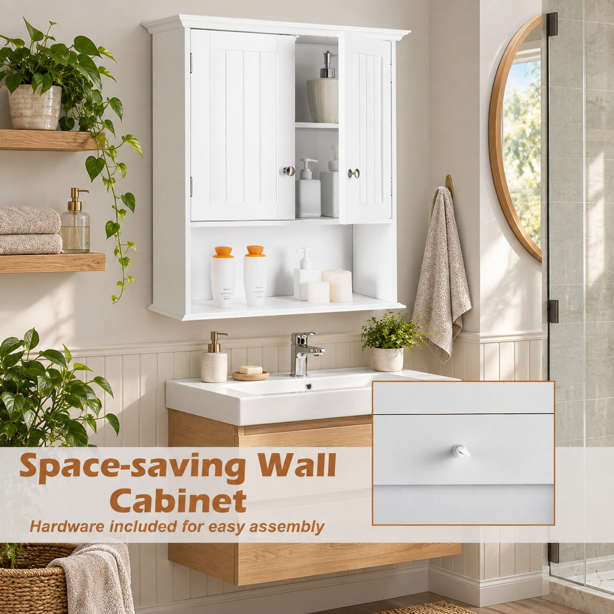 Airfind Wall Mount Bathroom Cabinet Storage Organizer with Doors and Shelves, MDF Metal Frame, White