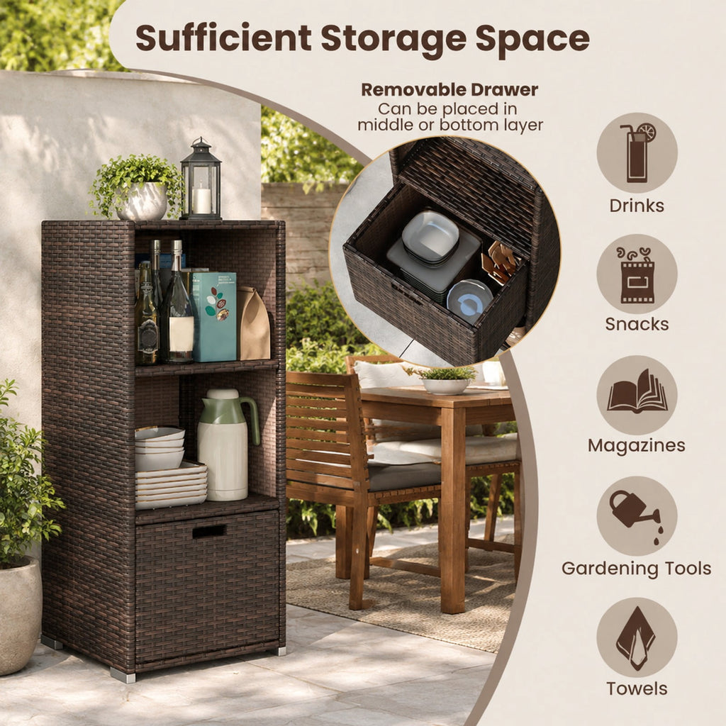 Airfind Outdoor Storage Cabinet Patio Wicker Organizer with Drawer, PE Rattan Metal Frame, 19.5 x 19.8 x 43 Footprint, Brown