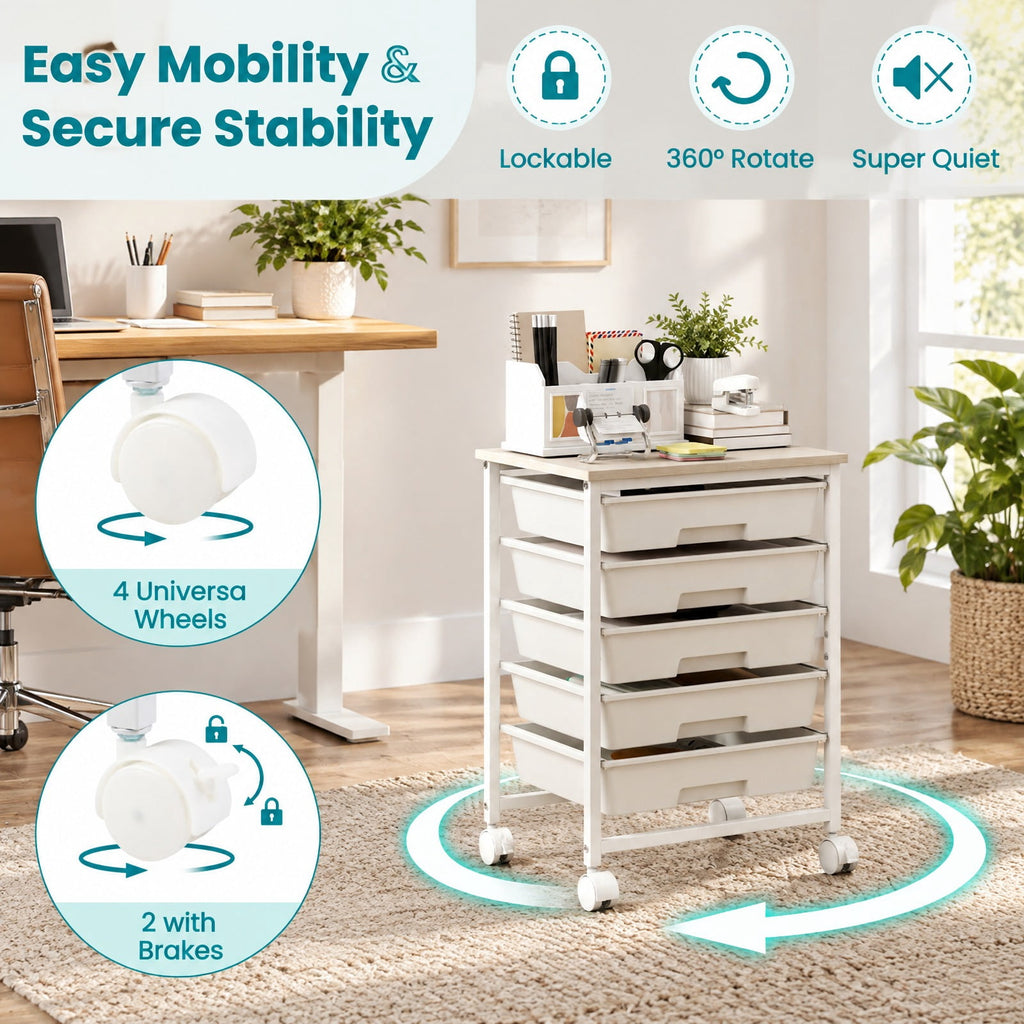 Airfind 5-Drawer Rolling Cart with Wooden Tabletop and Metal for Craft Room, 33 lbs Capacity, Metal PP Engineered Wood, White