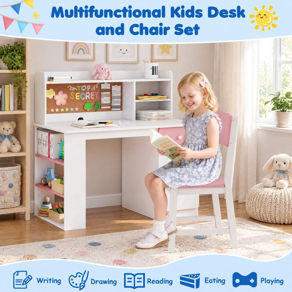 Airfind Desk and Chair Set, Youth, with Hutch and 3-Layer Side Shelf, MDF, 41.5 x 24, Model HY10342PI with Functional Design, Natural