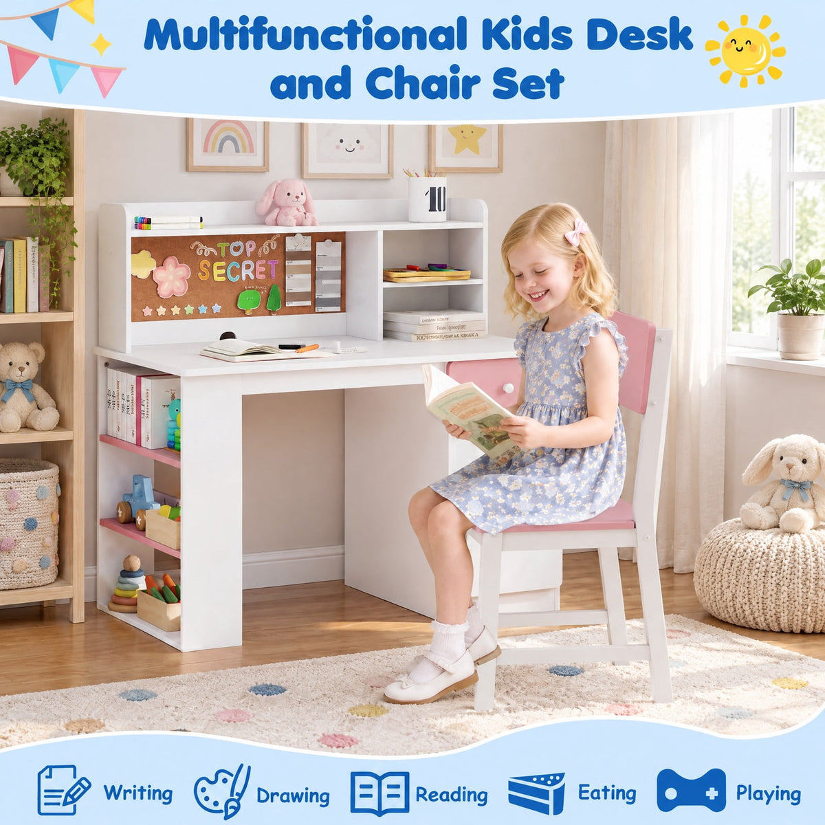 Airfind Desk and Chair Set, Youth, with Hutch and 3-Layer Side Shelf, MDF, 41.5 x 24, Model HY10342PI with Functional Design, Natural
