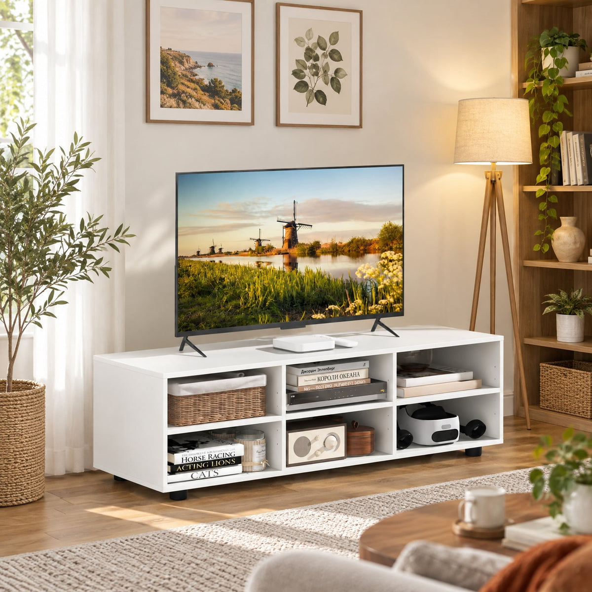 Airfind TV Stand for TV up to 55 Inch with 6 Storage Compartments, 135 lbs Capacity, Engineered Wood MDF Frame, 45 Inch x15.5 Inch x 13.5 Inch Footprint, White