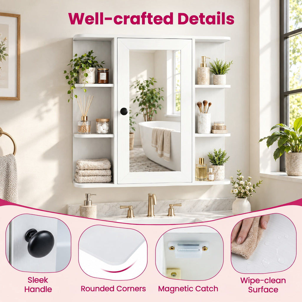 Airfind Wall Mounted Bathroom Medicine Cabinet with Mirror and Shelves, 120 lbs Capacity, MDF Engineered Wood Glass Frame, White