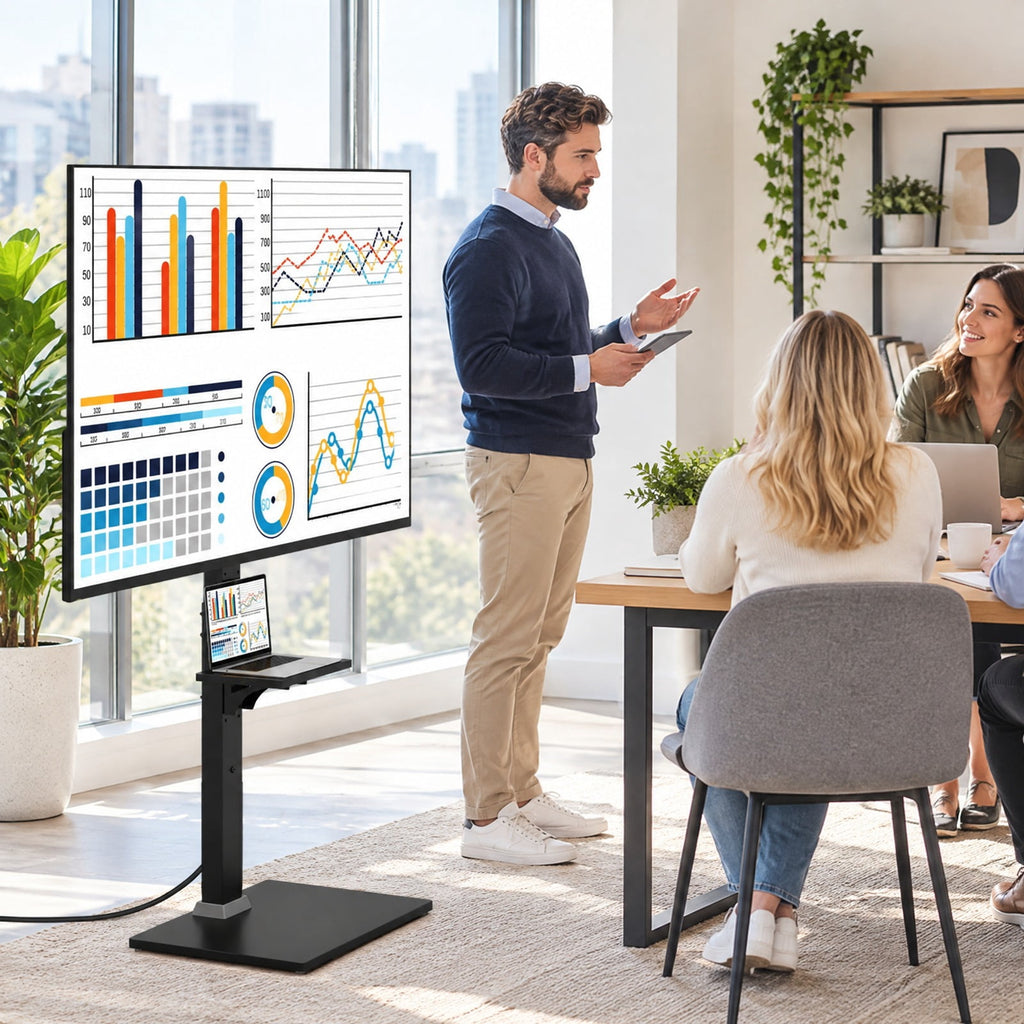 Airfind Tilt and Height Adjustable Floor TV Stand featuring Power Outlet and Adjustable AV Shelf, 110 lbs Capacity, MDF Metal Frame, Black
