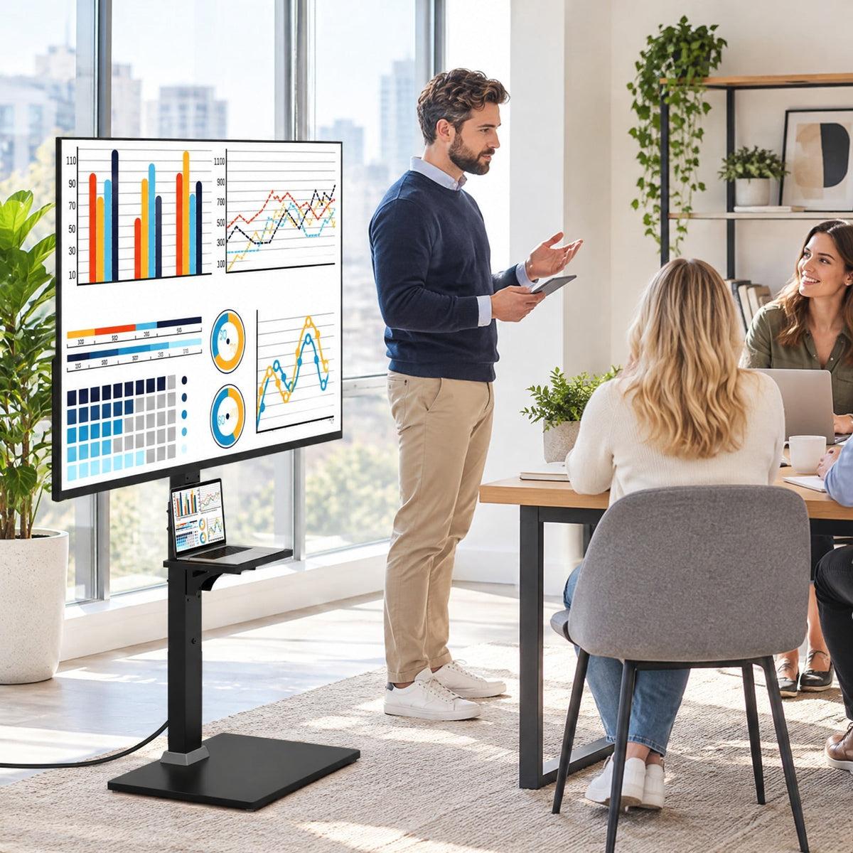 Airfind Tilt and Height Adjustable Floor TV Stand featuring Power Outlet and Adjustable AV Shelf, 110 lbs Capacity, MDF Metal Frame, Black