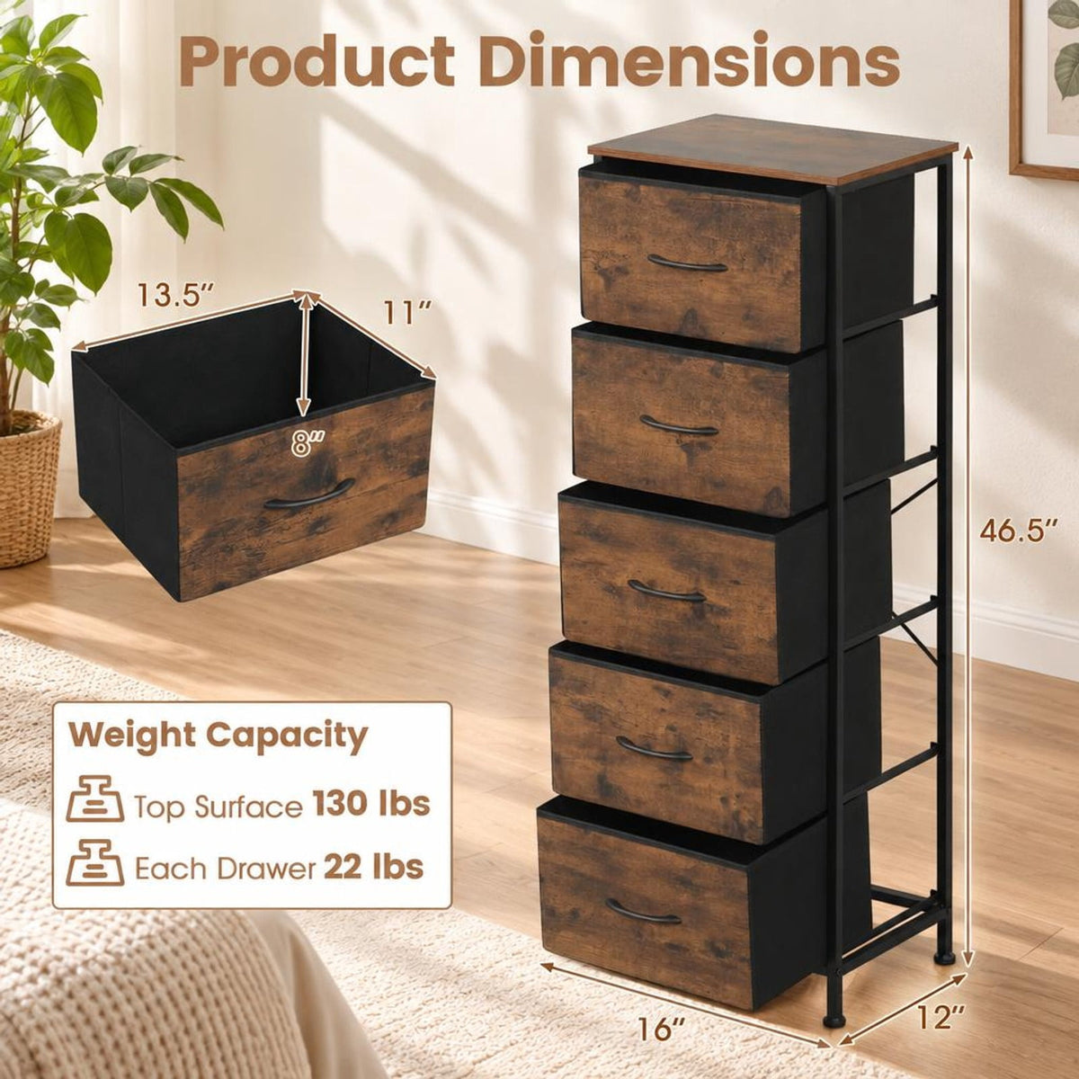 Airfind Dresser Nightstand with 5 Roomy Fabric Drawers for Bedroom, 130 lbs Capacity, Metal Engineered Wood Non-Woven Fabric Frame, Brown