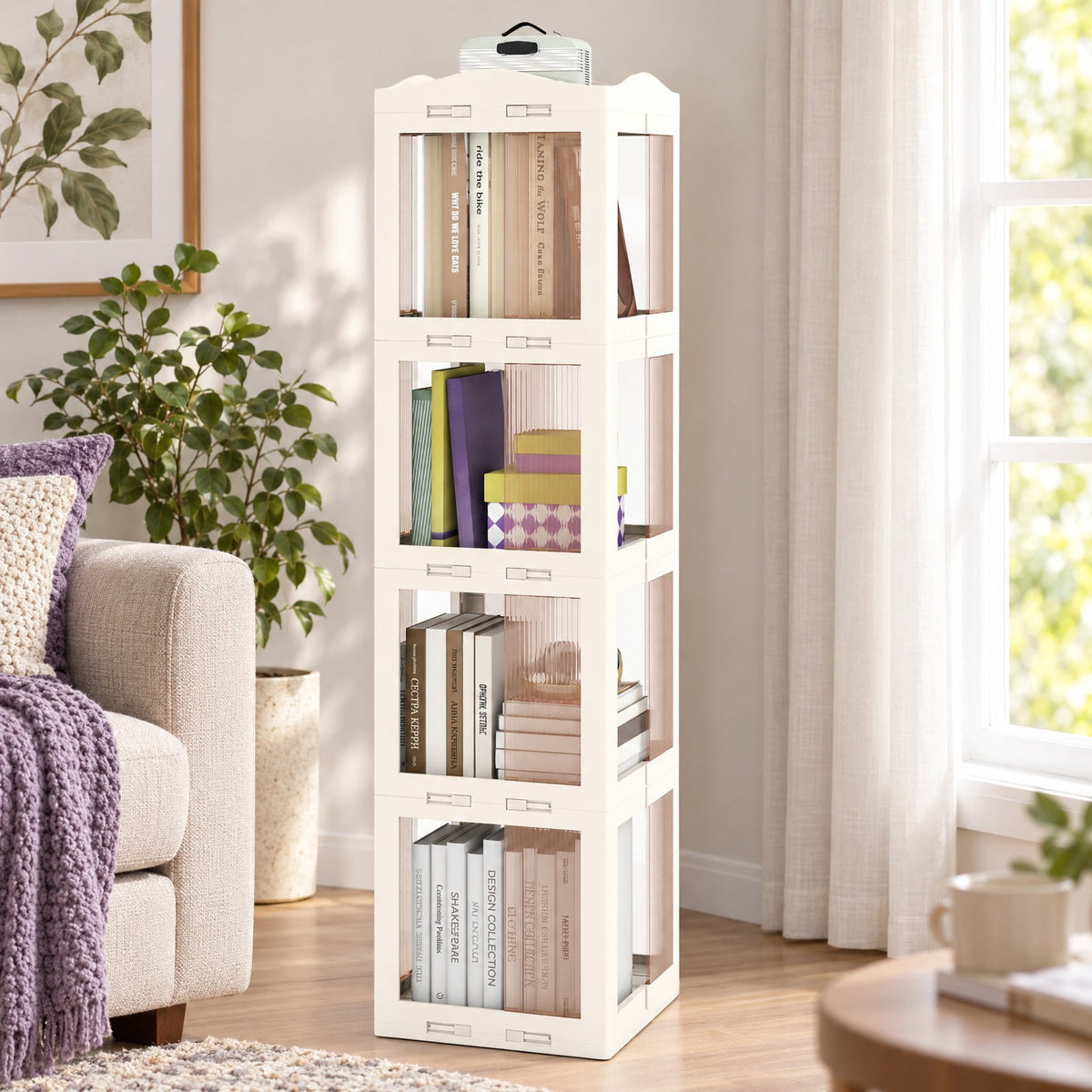 Airfind Bookshelf, 4-Tier Foldable Rotating, with Swivel Base and Translucent Panels, 22 lbs Capacity, PP ABS Frame, 14.5 Inch x 14 Inch x 56 Inch, White
