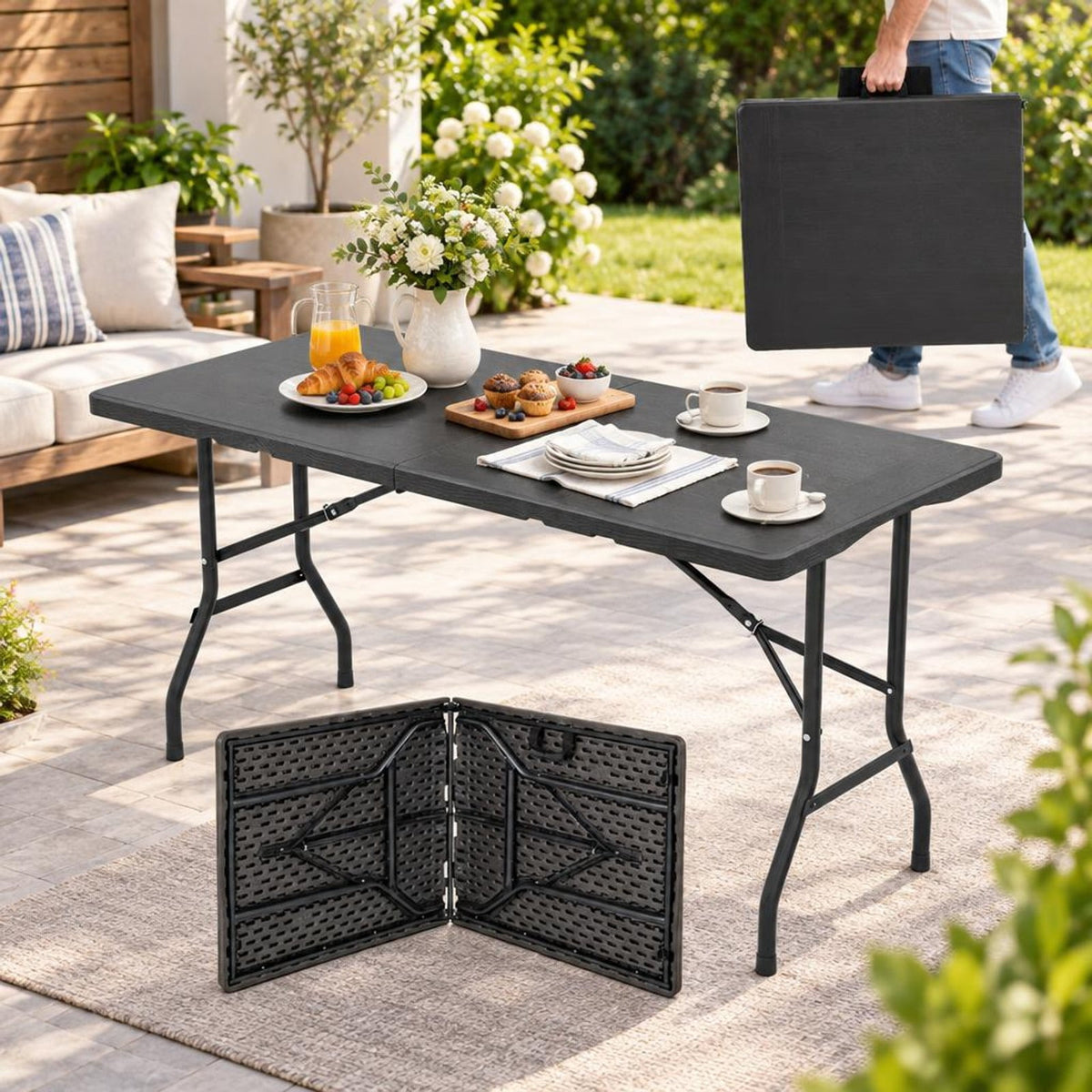 Airfind 5FT Folding Picnic Table with Wood Grain HDPE Tabletop and Non-slip Foot Pads, 400 lbs Capacity, HDPE Metal Frame, Black