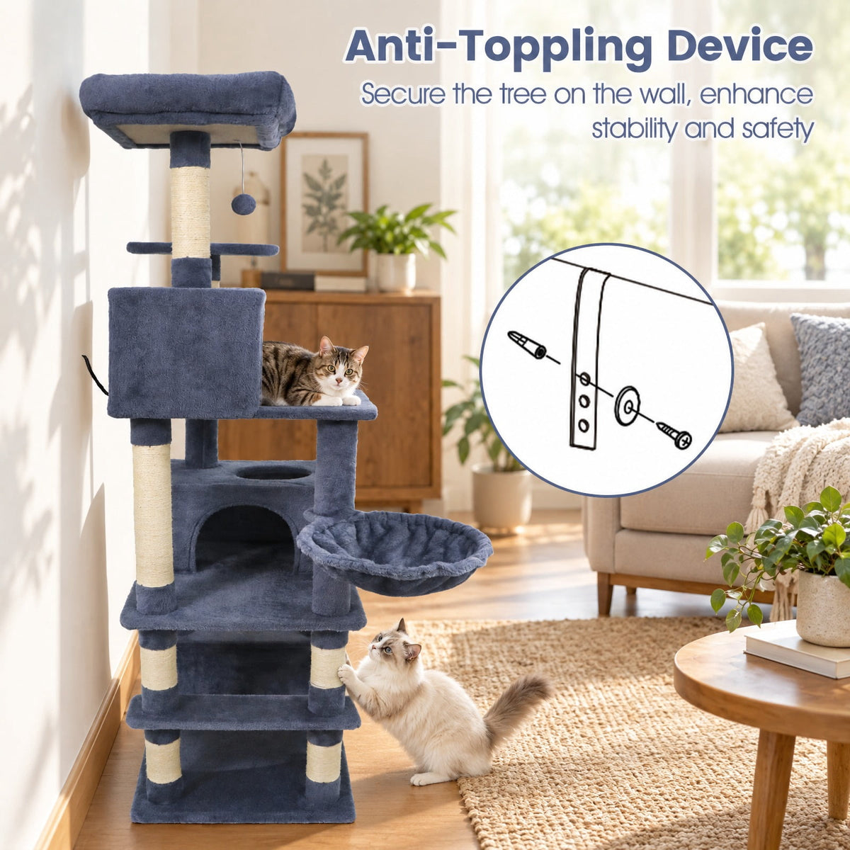 Airfind 66 Inch Tall Cat Tree Multi-Level Cat Tower with 2 Condos Sisal Scratching Posts, 33 lbs Capacity, Dark Gray