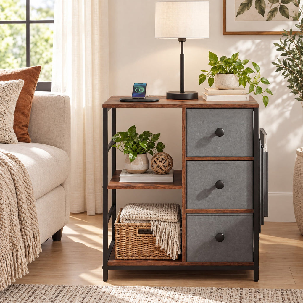 Airfind Side Table with Charging Station Industrial Nightstand with Open Shelves, 18 x 16 x 25Inner Footprint, Brown