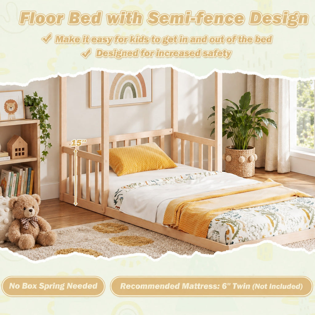 Airfind Twin Size House Bed with House Shape Roof and Semi-Fence, Pine Wood Engineered Wood Frame, 78 x 45.5 x 80.5 Footprint, Natural