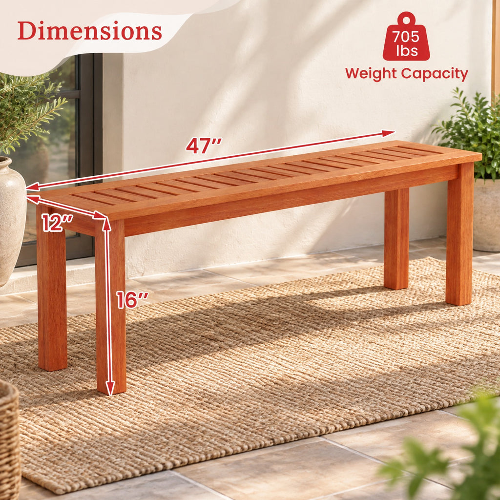 Airfind 47 Inch Patio Wood Bench with Slatted Seat 2, 705 lbs Capacity, Solid Wood Frame, 47 Inch x 12 Inch x 16 Inch Footprint, Wood