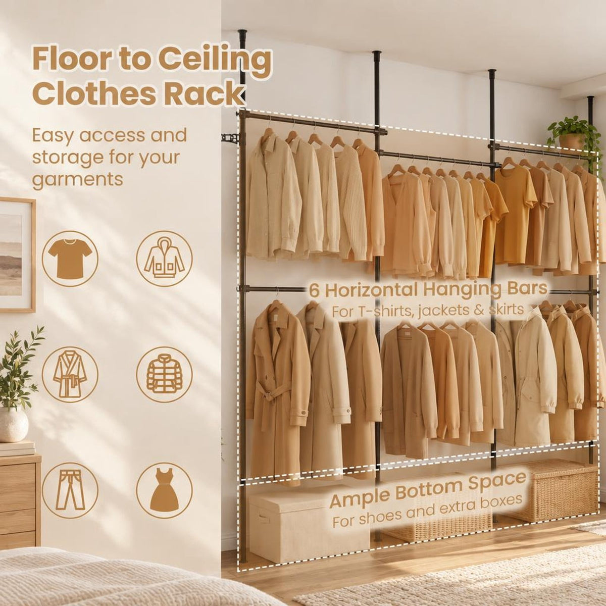 Airfind Adjustable Floor to Ceiling Clothes Rack with 6 Hanging Rods, Metal ABS Overall Frame, Black