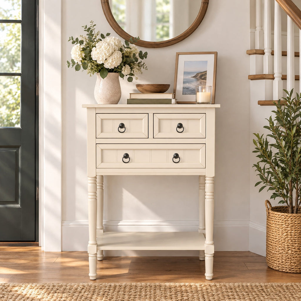 Airfind Narrow Console Table with 3 Storage Drawers and Open Bottom Shelf, 154 lbs Capacity, MDF Rubber wood Acacia Wood Frame, Beige