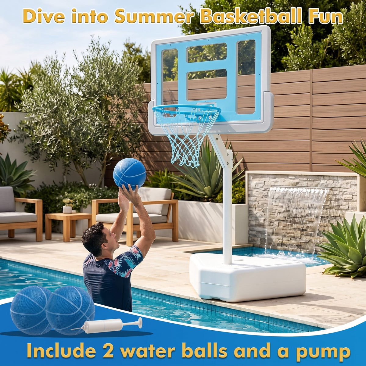 Airfind Poolside Basketball Hoop System, Adjustable Height Pool Basketball Set with 2 Water Balls and Pump, Metal PC Backboard for Swimming Pool Outdoor Family, Blue