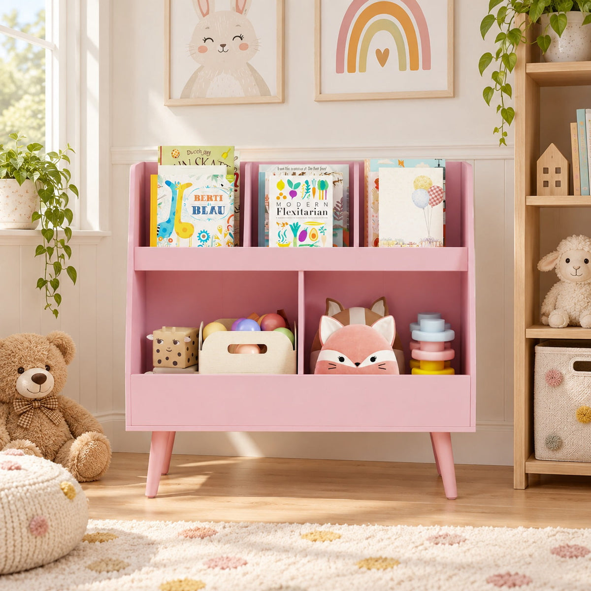 Airfind 5-Cube Kids Bookshelf and Toy Organizer with Anti-Tipping Kits, 68 lbs Capacity, MDF Solid Wood Frame, Pink