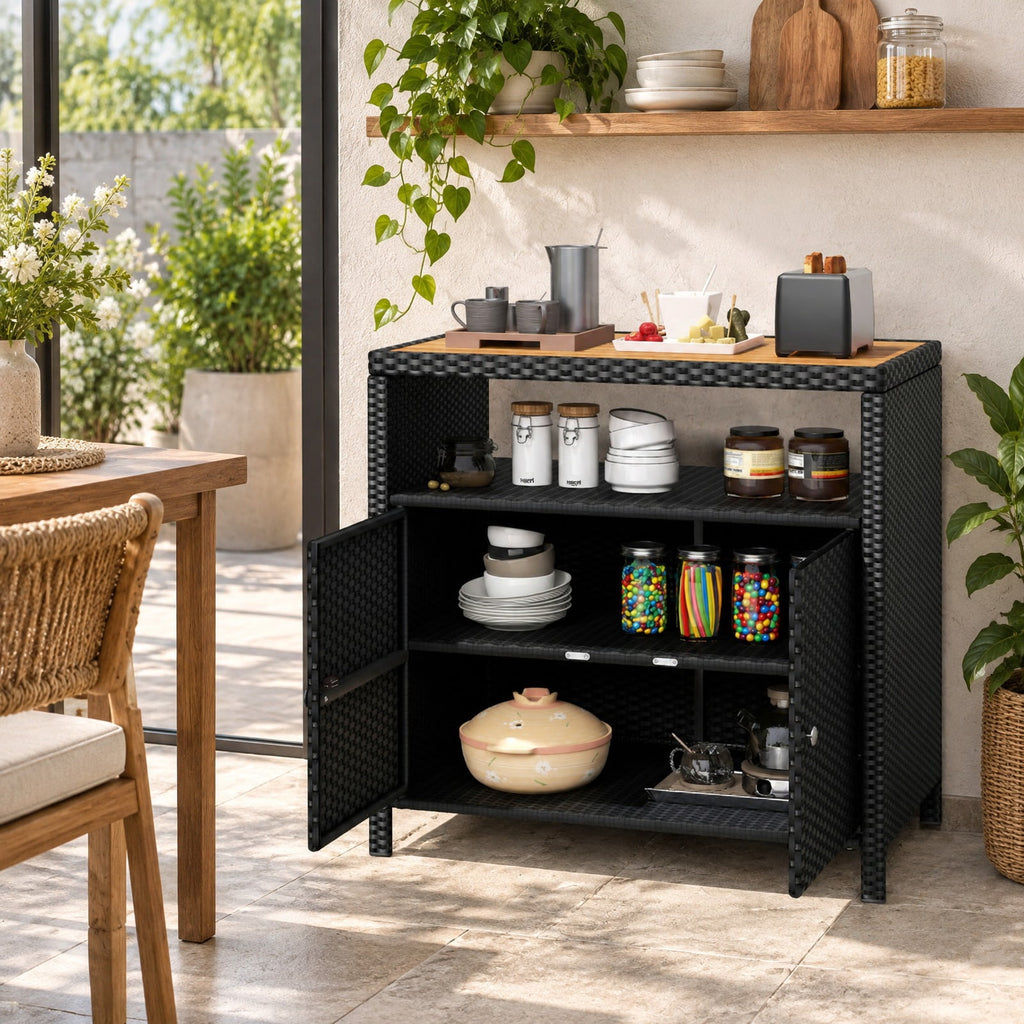 Airfind Rattan Storage Cabinet with Acacia Wood Countertop for Poolside Deck and Patio, 100 lbs Capacity, PE Rattan Acacia Wood Metal Frame, Black