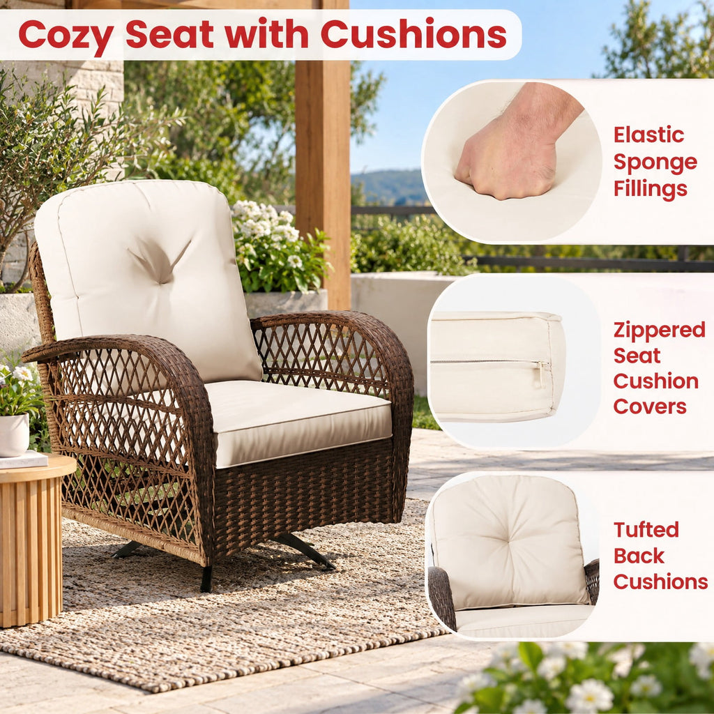 AIRFIND Patio Swivel Rocker Set of 3 with Cushioned Chairs, Tempered Glass Side Table and Metal Frame, 400 lb Chair Capacity, White