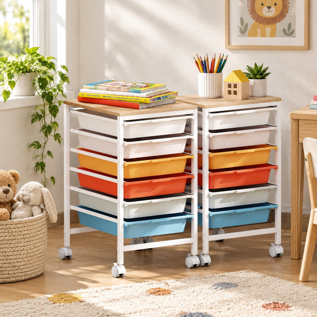 Airfind 6-Drawer Rolling Storage Cart with Wooden Tabletop, 35 lbs Capacity, MDF PP Metal, 14.5 Inch x 13 Inch x 22.5 Inch , Natural + White