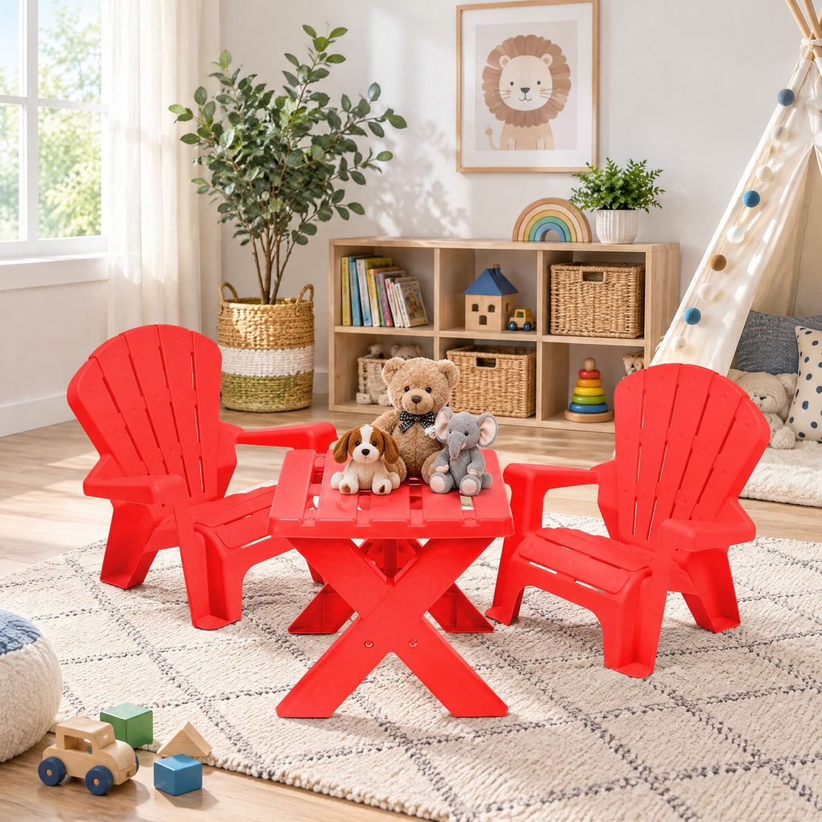 Airfind Plastic Youth Play Table, 3-Piece, Chair Set, 22 lbs Capacity, PP Frame, Durable construction lasts for years, Red