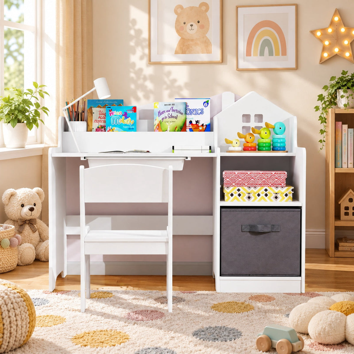 Airfind Kids Study Desk and Chair Set with Open Shelves Drawer and Fabric Storage Bin, 44 lbs Capacity, MDF Non-woven Fabric Desk Frame, White