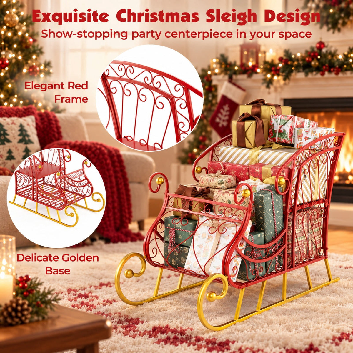 Airfind Metal Christmas Santa Sleigh Basket 2-Tier Xmas Santas Gift Storage Sleigh, 33 Lbs Capacity, Metal, 33.5 Inch X 16.5 Inch X 24.5 Inch, Red