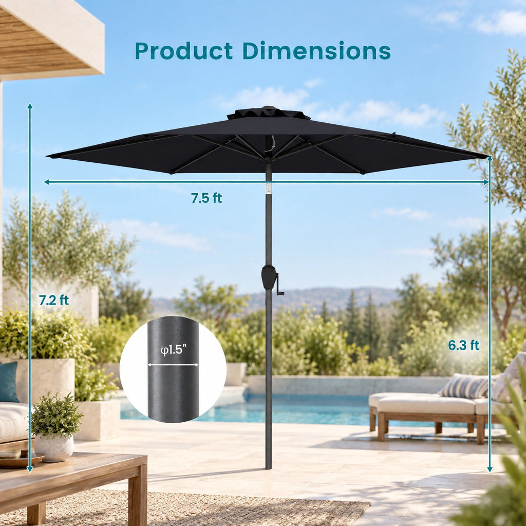 Airfind 7.5 feet Outdoor Patio Heavy Duty Market Umbrella with Push Button Tilt, Metal Polyester Frame, Black