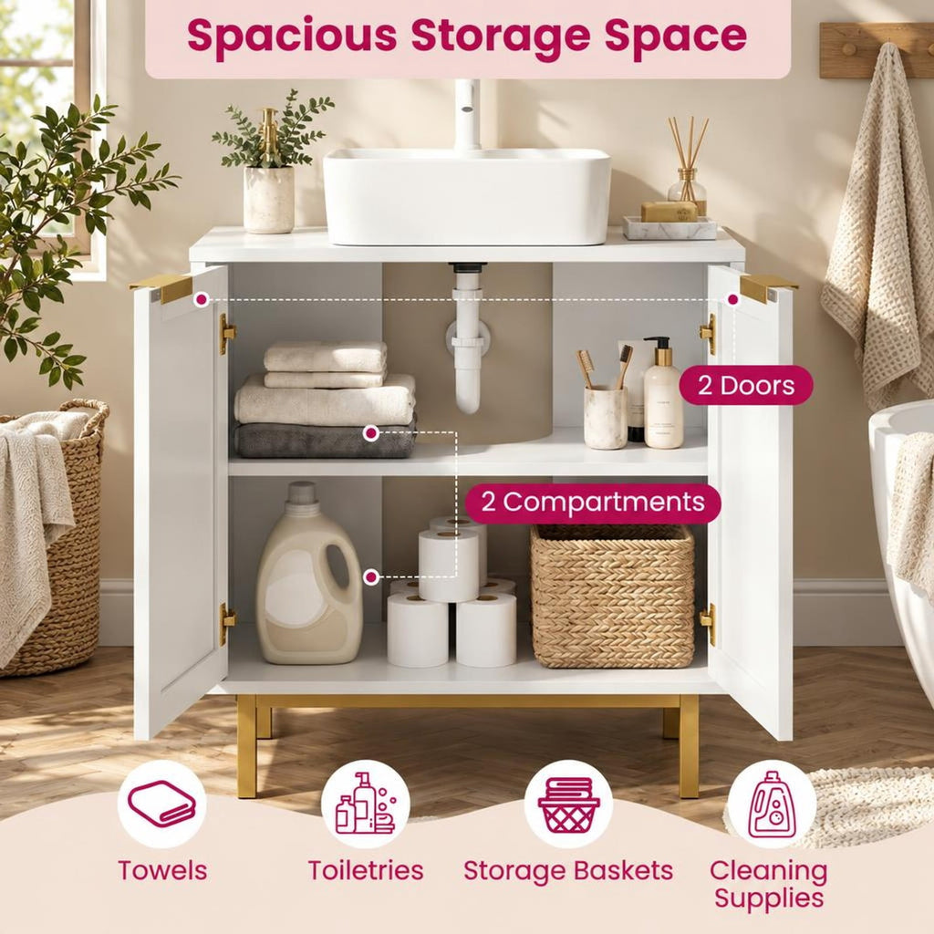 Airfind Bathroom Vanity Cabinet with U-Shaped Cut-Out 2 Rattan Doors and Shelf, 66 Lbs Capacity, Engineered Wood Metal Rattan, White