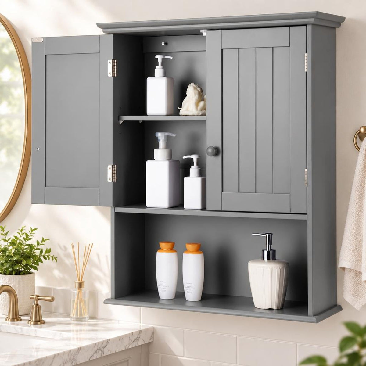 Airfind Wall Mount Bathroom Storage Cabinet, MDF Metal Frame, 23.5in x 8in x 28in(L x W x H) Weight capacity of each level: 11 lbs Footprint, Gray