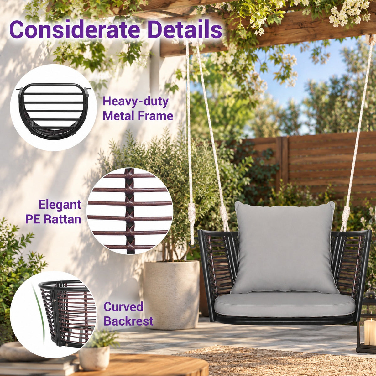 Airfind Single Person Hanging Seat with Woven Rattan Backrest for Backyard, 400 lbs Capacity, 30.5 x 24.5 x 15 Suitable Hanging Footprint, Gray