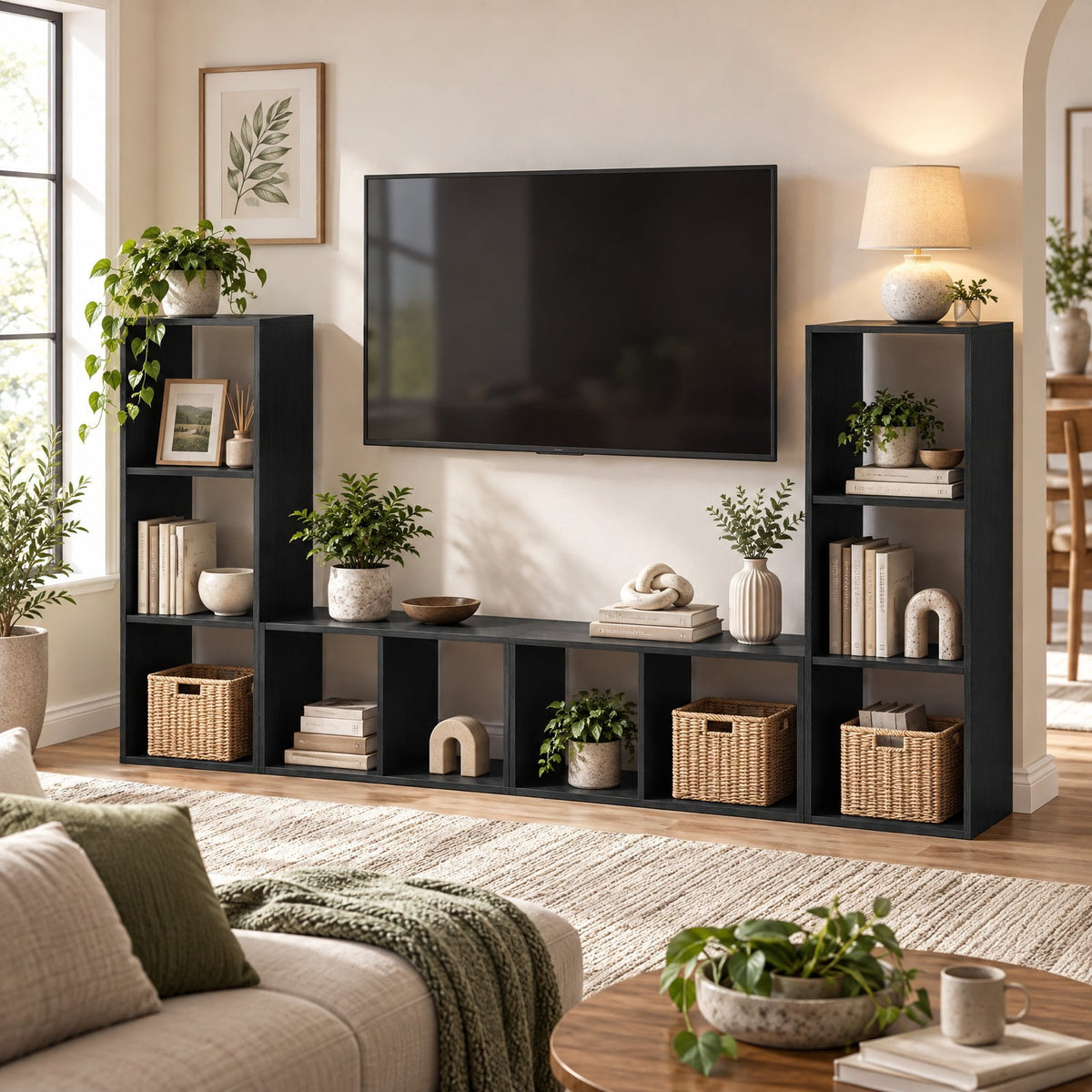 Airfind 3 Cube Bookshelf with Back Guardrail for Living Room Bedroom, Engineered Wood Frame, 14 Inch x 13 Inch x 41 Inch Depth of Bottom Shelf 12 Inch Footprint
