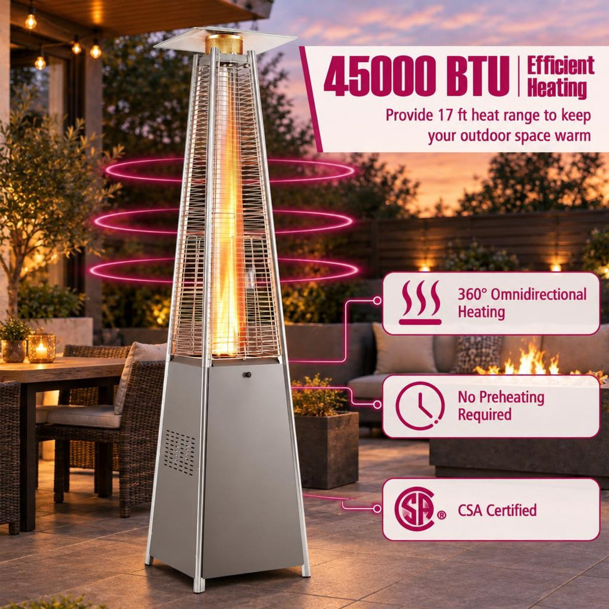 Airfind 45000 BTU Pyramid Patio Heater with Zippered Cover Triple Safety Protection and wheels, Gray