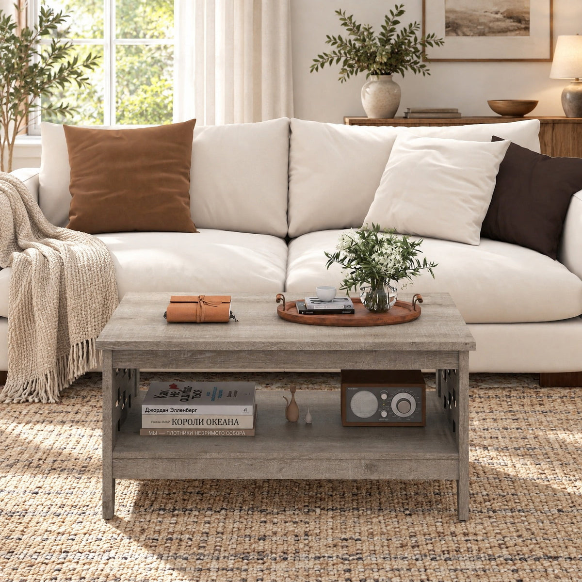 Airfind 2-Tier Farmhouse Coffee Table with Open Shelf and Woven Decorations for Living Room, 135 lbs Capacity, Engineered Wood MDF Frame, Coffee