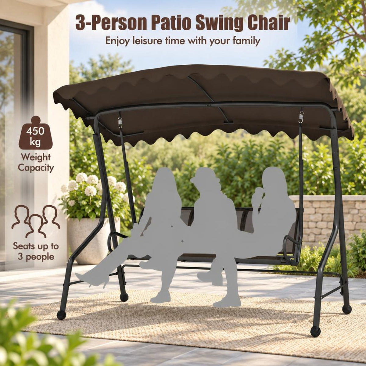 Airfind 3-Seat Outdoor Porch Canopy Swing with Adjustable Shading, 1000 lbs Capacity, Polyester Fabric Fabric Metal Frame, 88 x 59 x 76 Footprint