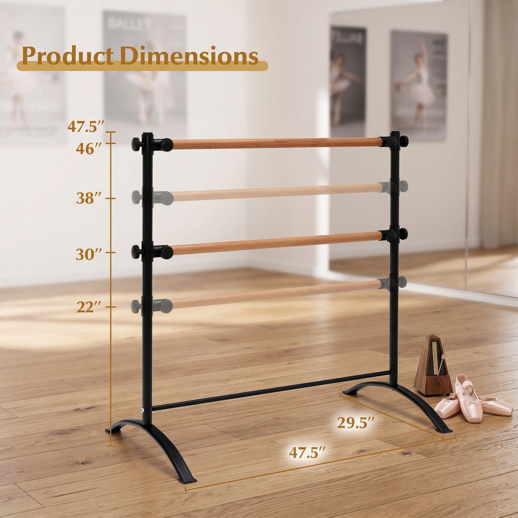 Airfind 4 Foot Freestanding Double Ballet Barre with Beech Wood Rails and 4 Level Height Adjustment for Studio and Home, Black