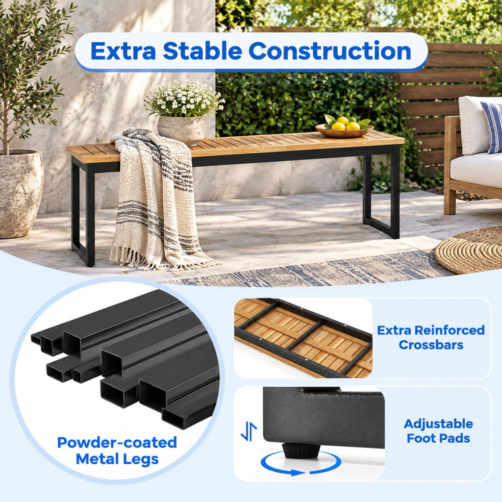 Airfind Patio Dining Bench Backless with Slatted Seat and Metal Legs, Acacia Wood Metal Frame, 51 x 14 x 16.5 Maximum Weight 800 lbs Footprint