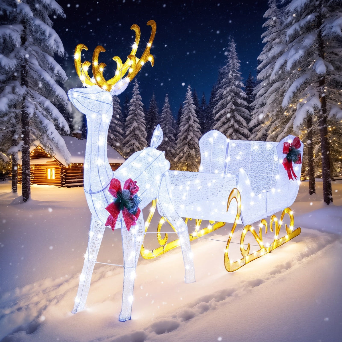 Airfind 6 Feet Christmas Lighted Reindeer and Santas Sleigh Decoration with 4 Stakes, Steel tinsel Frame, 19.5 x 72.5 x 48.5 Footprint, White