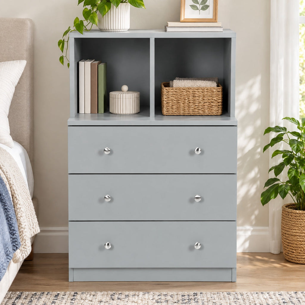 Airfind 3 Drawer Dresser with Cubbies Storage Chest for Bedroom Living Room, Engineered wood metal Frame, 24in x 16in x 37in Footprint, Gray