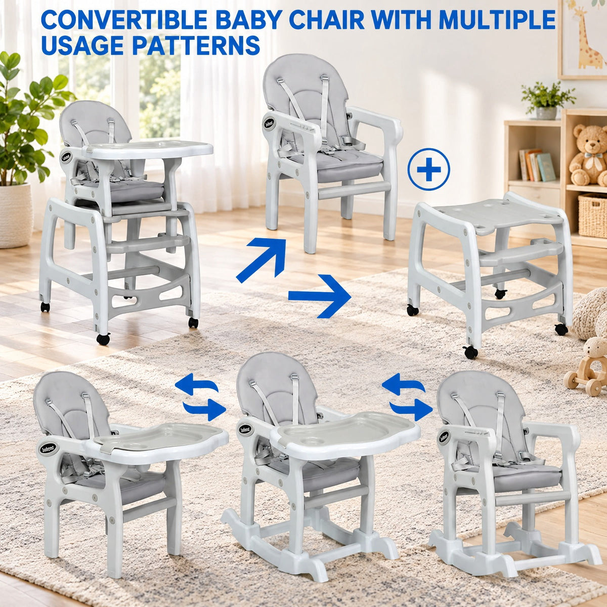 Airfind 3-in-1 Youth High Chair with Lockable Universal Wheels, 50 lbs Capacity, PP, Model BB5604GR, PP PE Sponge Construction, Unspecified